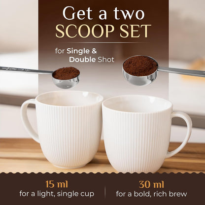 Premium Coffee Scoop Set - 1 Tbsp (15ml) & 2 Tbsp (30ml) Measuring Tablespoon - Stainless Steel Coffee Measuring Spoon and Scooper with Long Handles - Pack of 2 - Gold