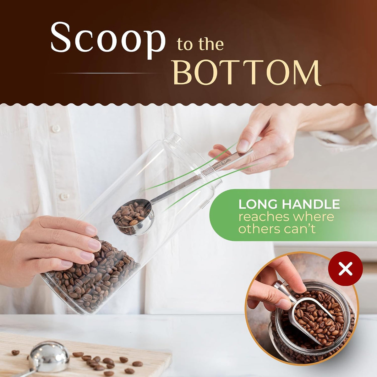 Premium Coffee Scoop Set - 1 Tbsp (15ml) & 2 Tbsp (30ml) Measuring Tablespoon - Stainless Steel Coffee Measuring Spoon and Scooper with Long Handles - Pack of 2 - Gold