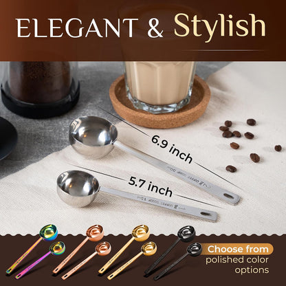 Premium Coffee Scoop Set - 1 Tbsp (15ml) & 2 Tbsp (30ml) Measuring Tablespoon - Stainless Steel Coffee Measuring Spoon and Scooper with Long Handles - Pack of 2 - Gold