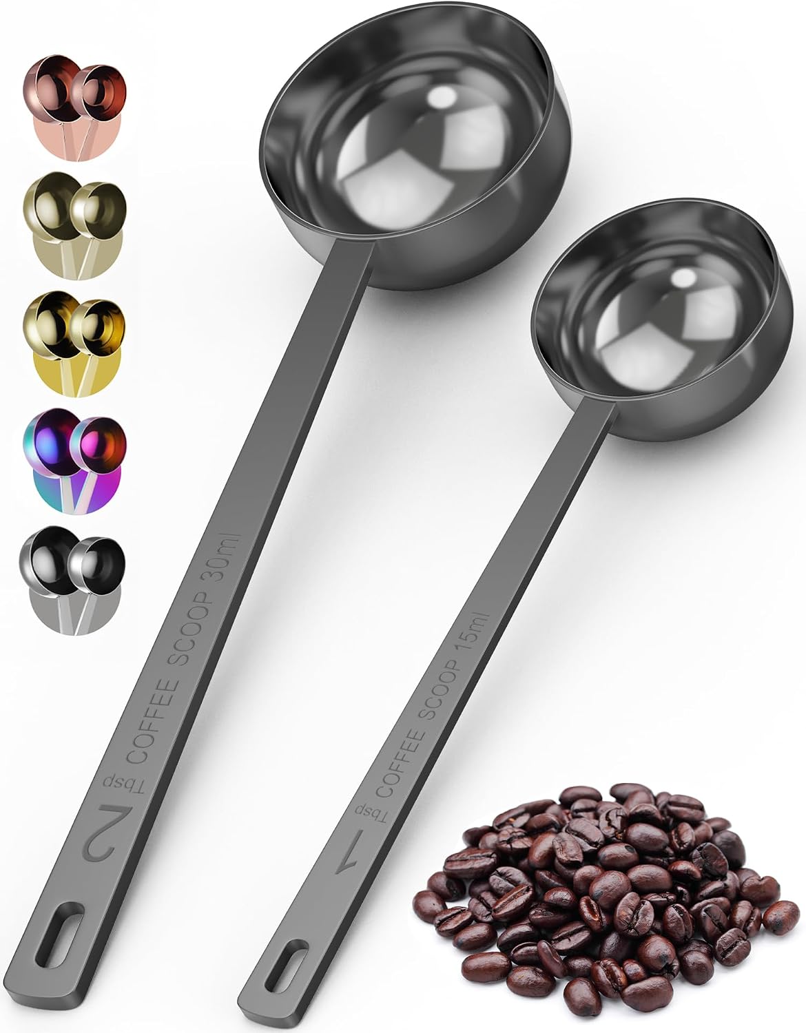 Premium Coffee Scoop Set - 1 Tbsp (15ml) & 2 Tbsp (30ml) Measuring Tablespoon - Stainless Steel Coffee Measuring Spoon and Scooper with Long Handles - Pack of 2 - Gold