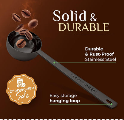 Premium Coffee Scoop Set - 1 Tbsp (15ml) & 2 Tbsp (30ml) Measuring Tablespoon - Stainless Steel Coffee Measuring Spoon and Scooper with Long Handles - Pack of 2 - Gold