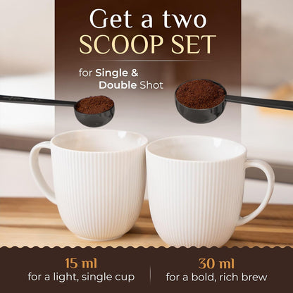 Premium Coffee Scoop Set - 1 Tbsp (15ml) & 2 Tbsp (30ml) Measuring Tablespoon - Stainless Steel Coffee Measuring Spoon and Scooper with Long Handles - Pack of 2 - Gold