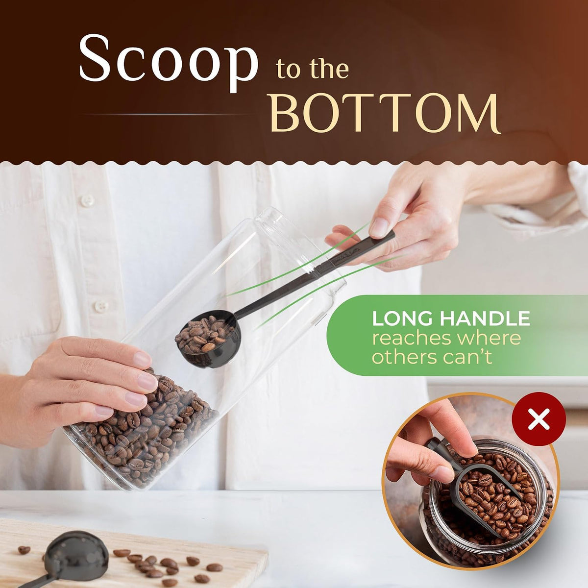 Premium Coffee Scoop Set - 1 Tbsp (15ml) & 2 Tbsp (30ml) Measuring Tablespoon - Stainless Steel Coffee Measuring Spoon and Scooper with Long Handles - Pack of 2 - Gold