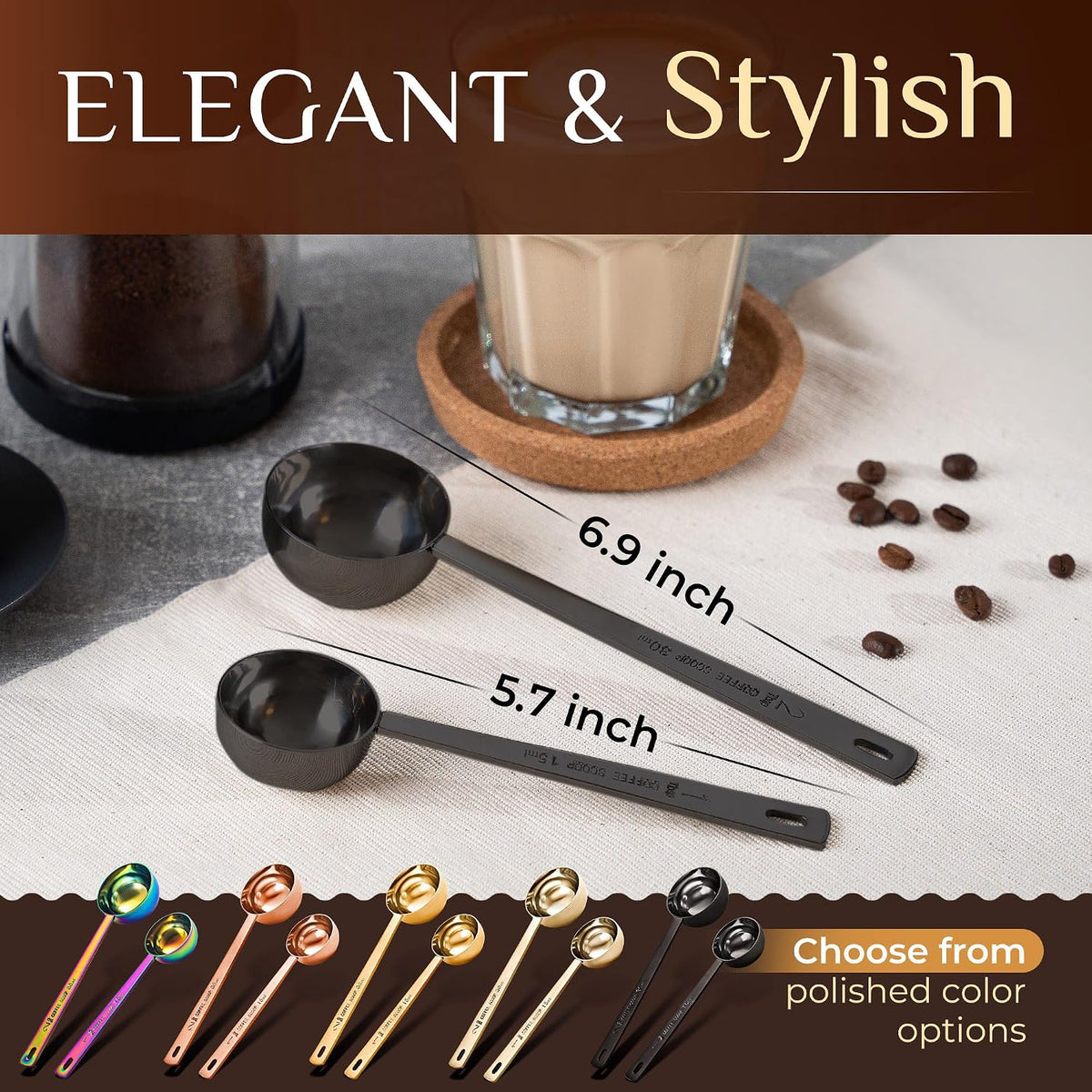 Premium Coffee Scoop Set - 1 Tbsp (15ml) & 2 Tbsp (30ml) Measuring Tablespoon - Stainless Steel Coffee Measuring Spoon and Scooper with Long Handles - Pack of 2 - Gold
