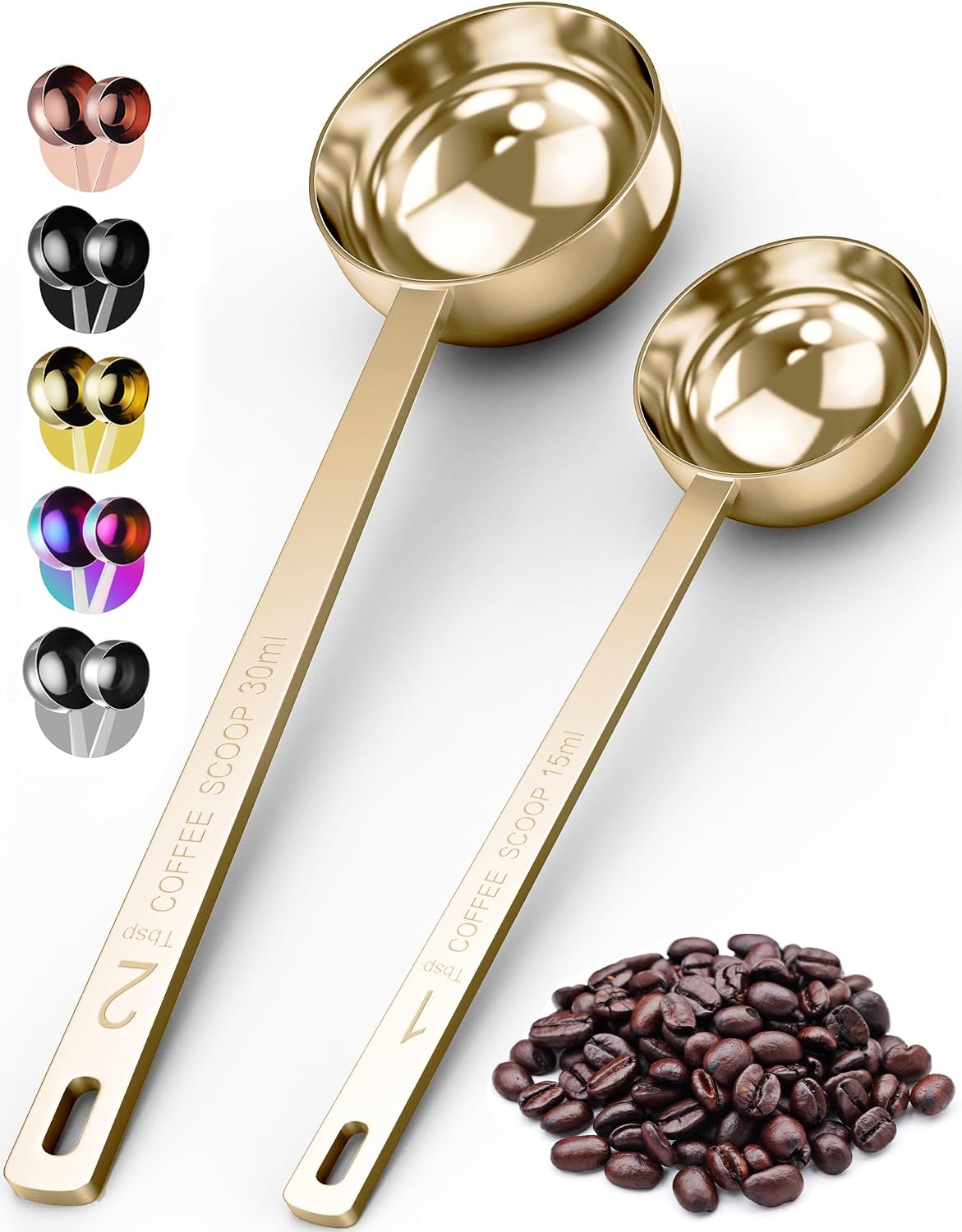 Premium Coffee Scoop Set - 1 Tbsp (15ml) & 2 Tbsp (30ml) Measuring Tablespoon - Stainless Steel Coffee Measuring Spoon and Scooper with Long Handles - Pack of 2 - Gold