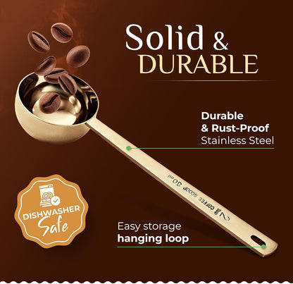 Premium Coffee Scoop Set - 1 Tbsp (15ml) & 2 Tbsp (30ml) Measuring Tablespoon - Stainless Steel Coffee Measuring Spoon and Scooper with Long Handles - Pack of 2 - Gold