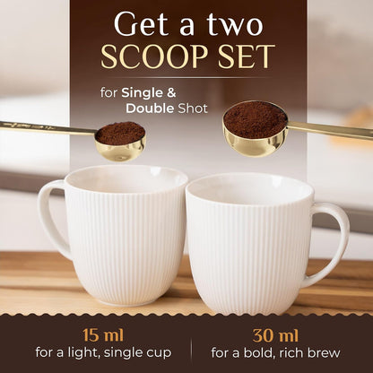 Premium Coffee Scoop Set - 1 Tbsp (15ml) & 2 Tbsp (30ml) Measuring Tablespoon - Stainless Steel Coffee Measuring Spoon and Scooper with Long Handles - Pack of 2 - Gold