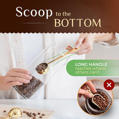 Premium Coffee Scoop Set - 1 Tbsp (15ml) & 2 Tbsp (30ml) Measuring Tablespoon - Stainless Steel Coffee Measuring Spoon and Scooper with Long Handles - Pack of 2 - Gold
