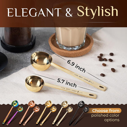 Premium Coffee Scoop Set - 1 Tbsp (15ml) & 2 Tbsp (30ml) Measuring Tablespoon - Stainless Steel Coffee Measuring Spoon and Scooper with Long Handles - Pack of 2 - Gold