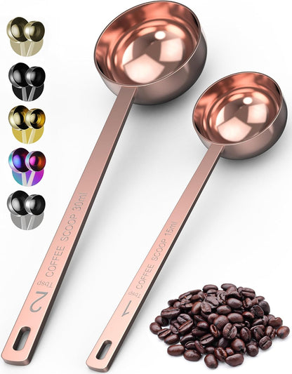 Premium Coffee Scoop Set - 1 Tbsp (15ml) & 2 Tbsp (30ml) Measuring Tablespoon - Stainless Steel Coffee Measuring Spoon and Scooper with Long Handles - Pack of 2 - Gold