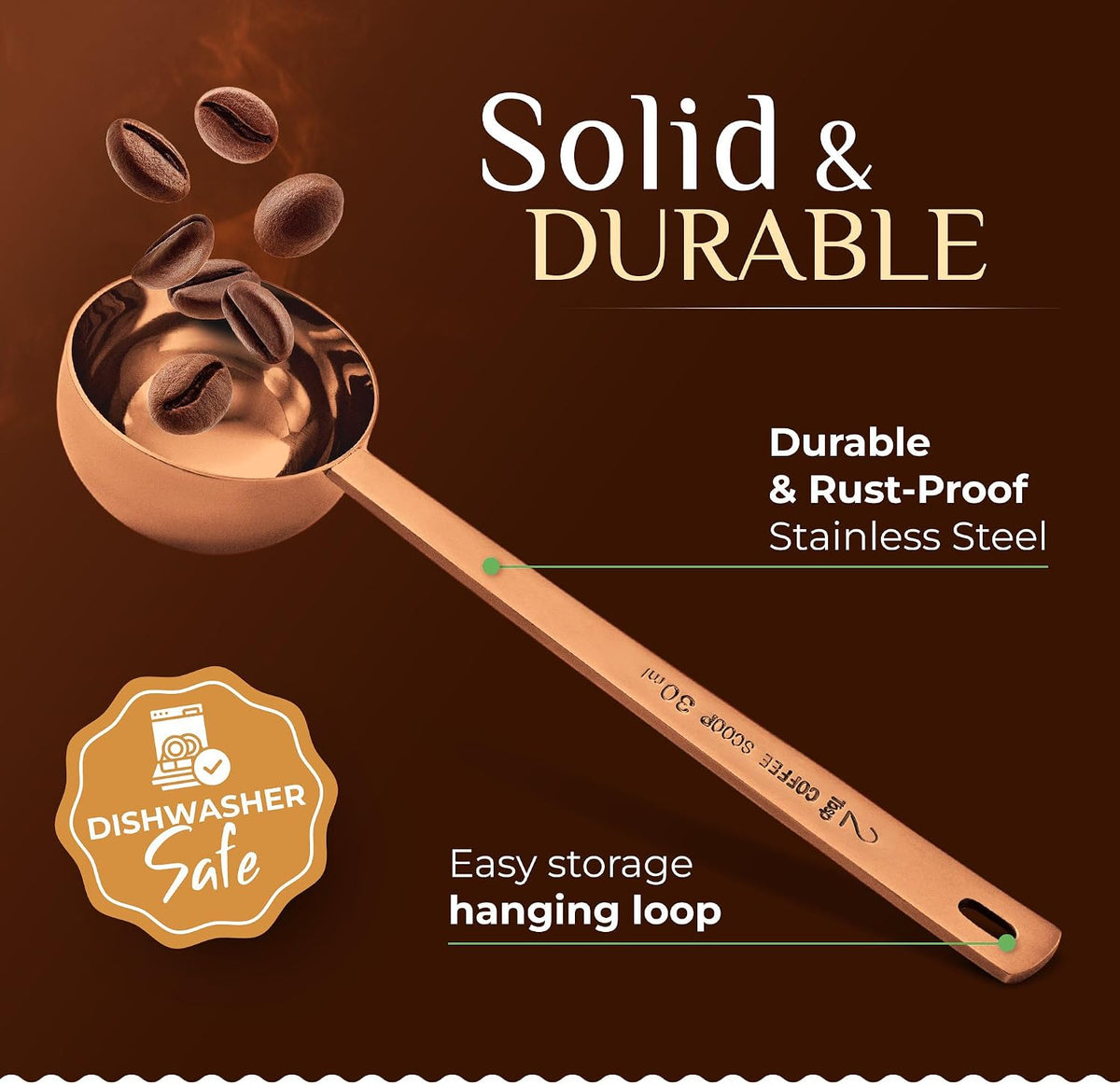 Premium Coffee Scoop Set - 1 Tbsp (15ml) & 2 Tbsp (30ml) Measuring Tablespoon - Stainless Steel Coffee Measuring Spoon and Scooper with Long Handles - Pack of 2 - Gold