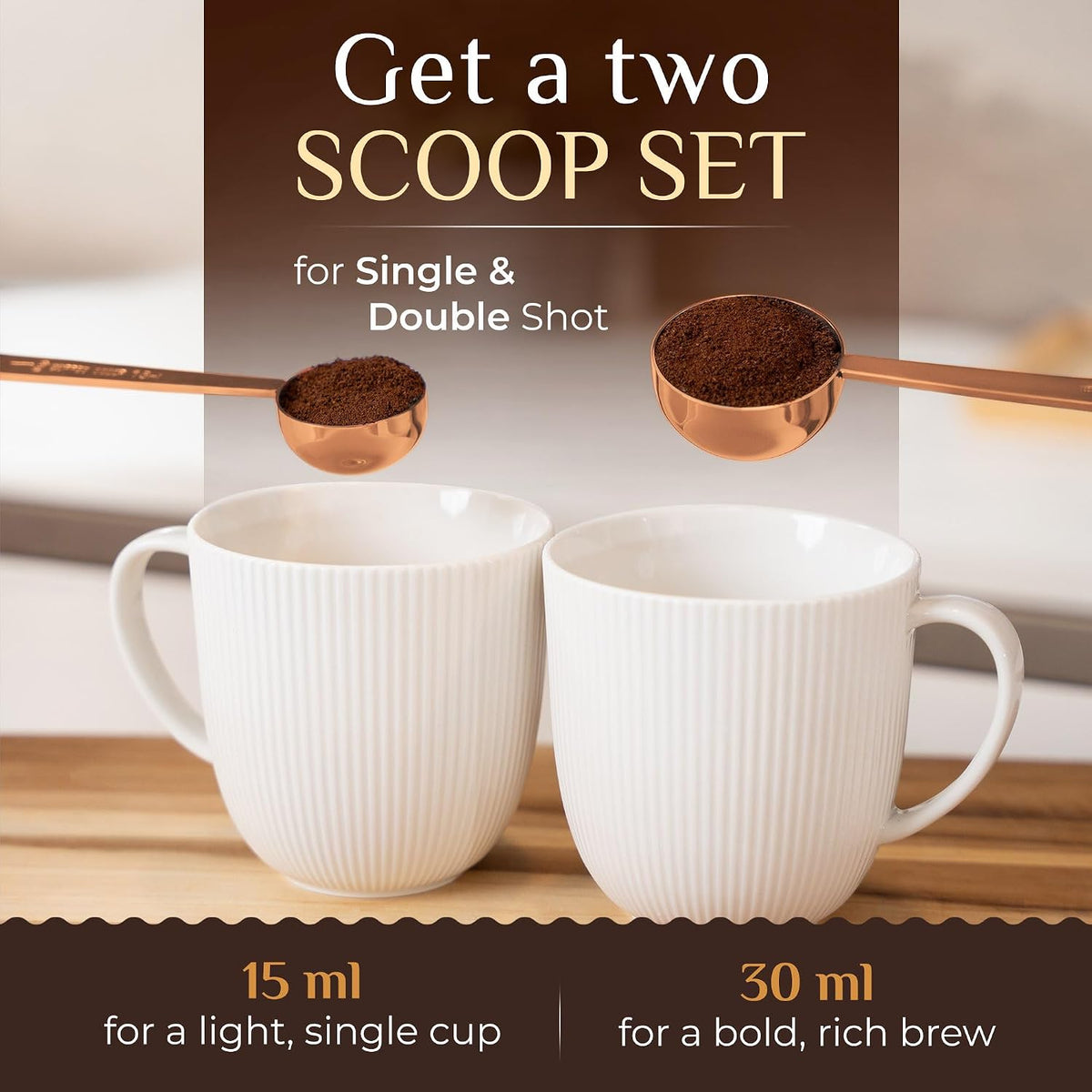 Premium Coffee Scoop Set - 1 Tbsp (15ml) & 2 Tbsp (30ml) Measuring Tablespoon - Stainless Steel Coffee Measuring Spoon and Scooper with Long Handles - Pack of 2 - Gold