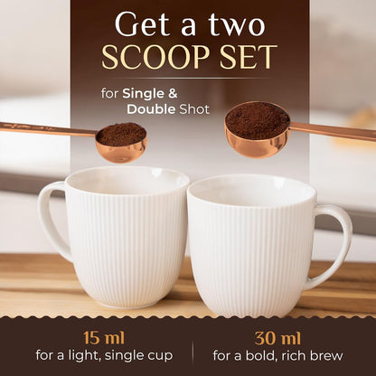Premium Coffee Scoop Set - 1 Tbsp (15ml) & 2 Tbsp (30ml) Measuring Tablespoon - Stainless Steel Coffee Measuring Spoon and Scooper with Long Handles - Pack of 2 - Gold