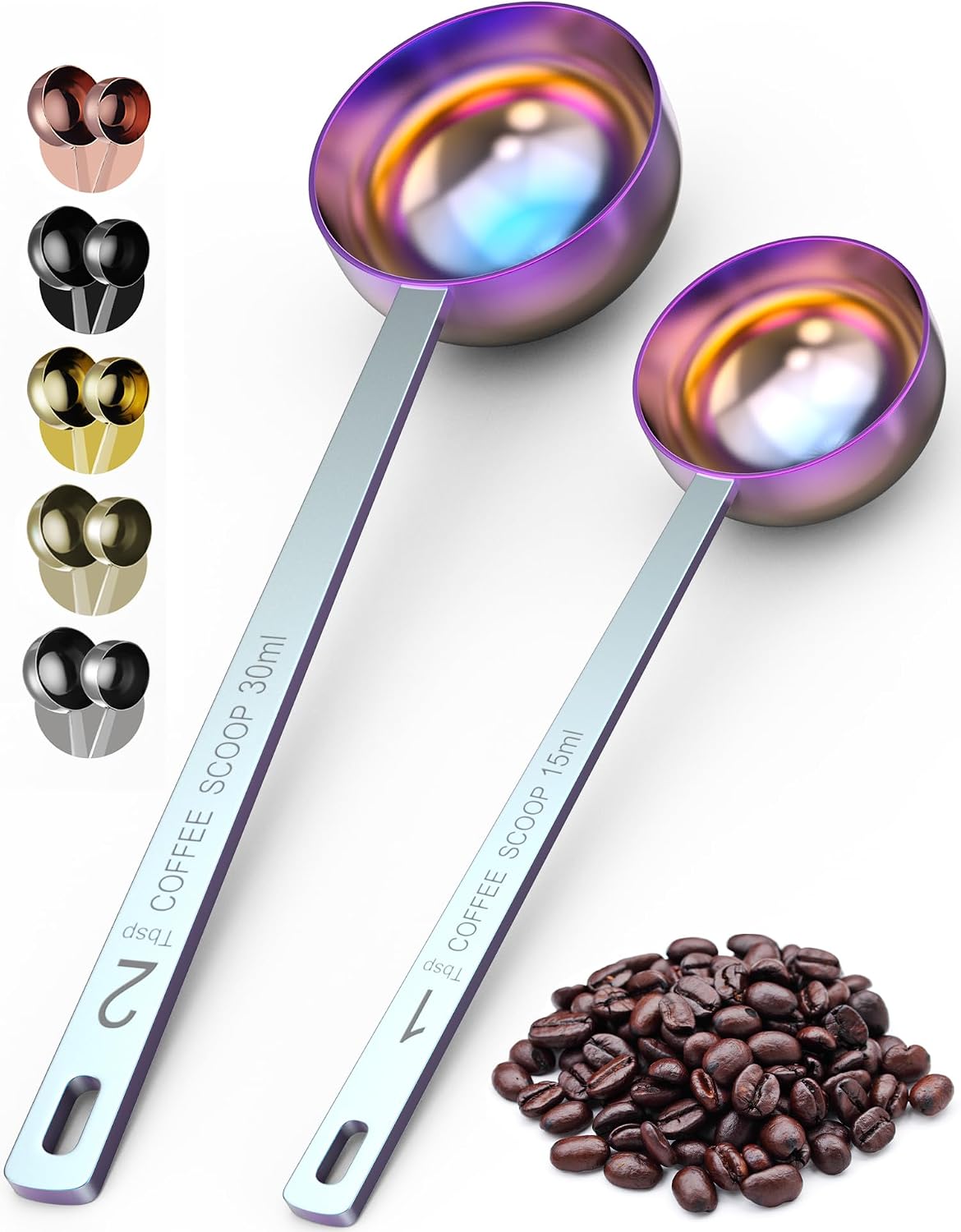 Premium Coffee Scoop Set - 1 Tbsp (15ml) & 2 Tbsp (30ml) Measuring Tablespoon - Stainless Steel Coffee Measuring Spoon and Scooper with Long Handles - Pack of 2 - Gold