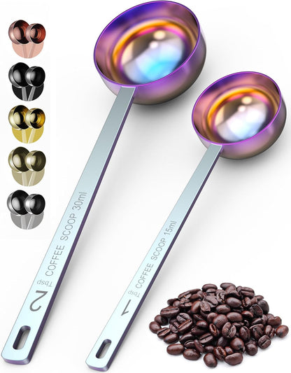 Premium Coffee Scoop Set - 1 Tbsp (15ml) & 2 Tbsp (30ml) Measuring Tablespoon - Stainless Steel Coffee Measuring Spoon and Scooper with Long Handles - Pack of 2 - Gold