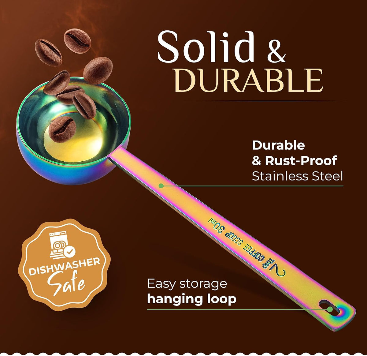 Premium Coffee Scoop Set - 1 Tbsp (15ml) & 2 Tbsp (30ml) Measuring Tablespoon - Stainless Steel Coffee Measuring Spoon and Scooper with Long Handles - Pack of 2 - Gold