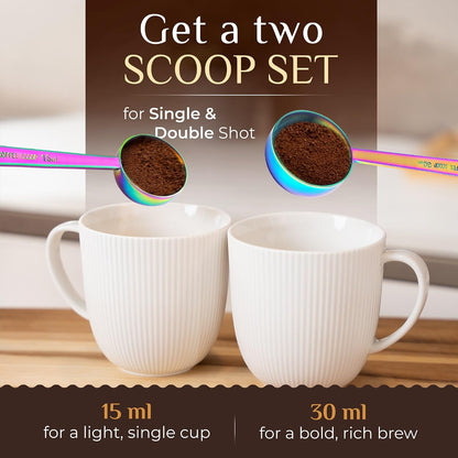 Premium Coffee Scoop Set - 1 Tbsp (15ml) & 2 Tbsp (30ml) Measuring Tablespoon - Stainless Steel Coffee Measuring Spoon and Scooper with Long Handles - Pack of 2 - Gold