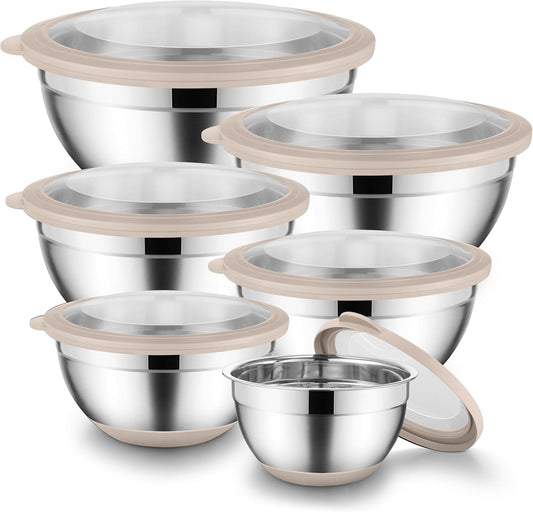 Mixing Bowls with Lids Set of 6, Large Metal Nesting Mixing Bowls, Stainless Steel Non-Slip Salad Bowl Khaki – Size 0.7, 1, 1.5, 2, 2.6, 4.6QT