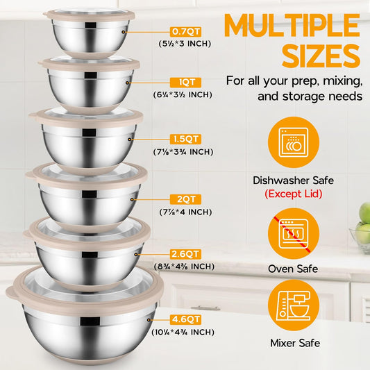Mixing Bowls with Lids Set of 6, Large Metal Nesting Mixing Bowls, Stainless Steel Non-Slip Salad Bowl Khaki – Size 0.7, 1, 1.5, 2, 2.6, 4.6QT