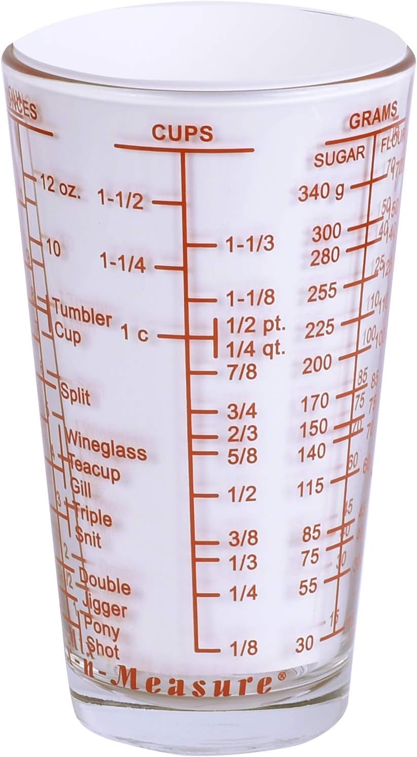 Mix N Measure Glass, Multi-Purpose Liquid and Dry Measuring Cup, 6 Units of Measurement, Heavy Glass, Red