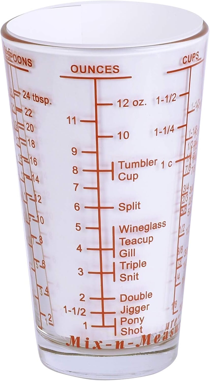Mix N Measure Glass, Multi-Purpose Liquid and Dry Measuring Cup, 6 Units of Measurement, Heavy Glass, Red