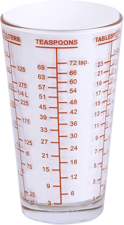 Mix N Measure Glass, Multi-Purpose Liquid and Dry Measuring Cup, 6 Units of Measurement, Heavy Glass, Red