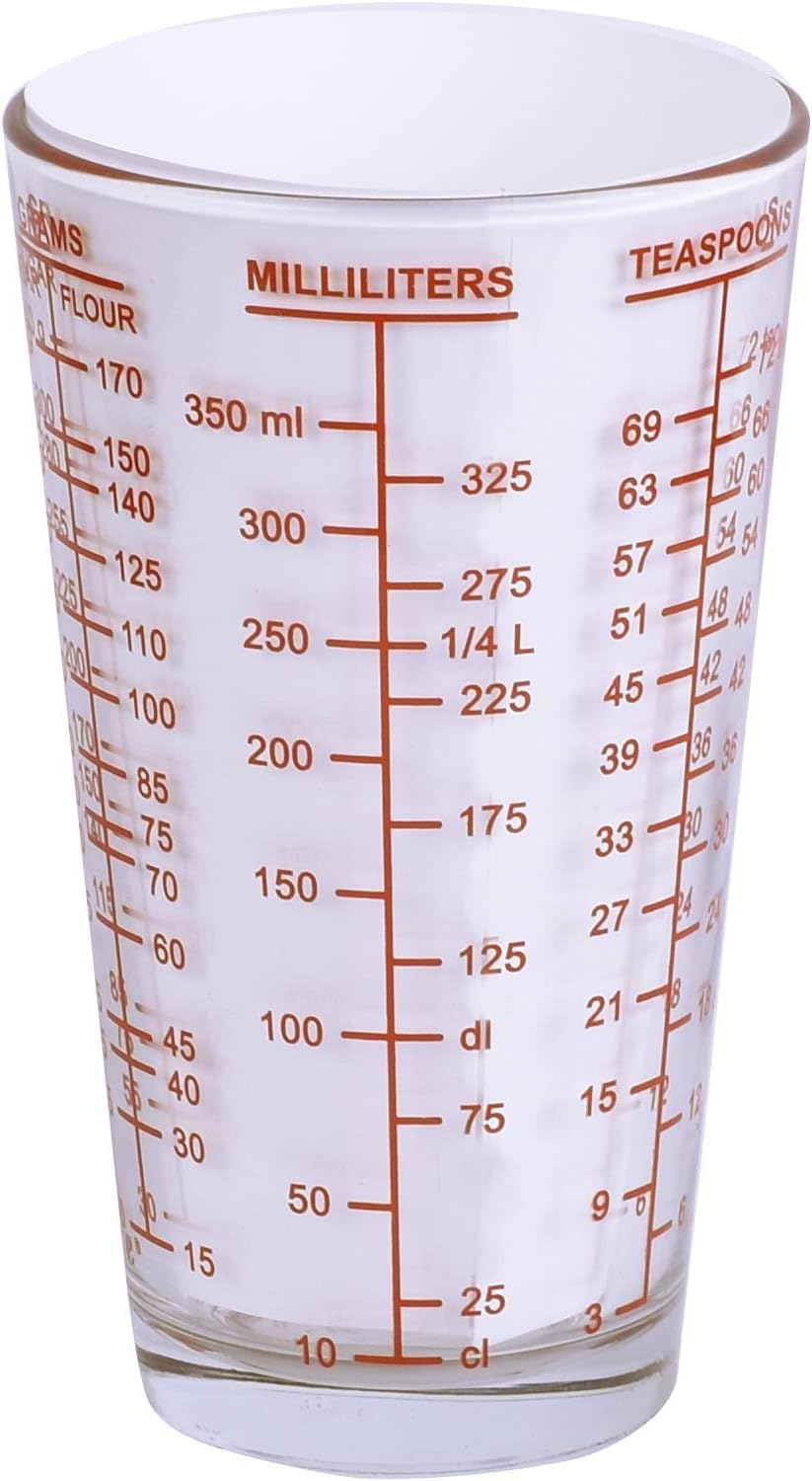 Mix N Measure Glass, Multi-Purpose Liquid and Dry Measuring Cup, 6 Units of Measurement, Heavy Glass, Red