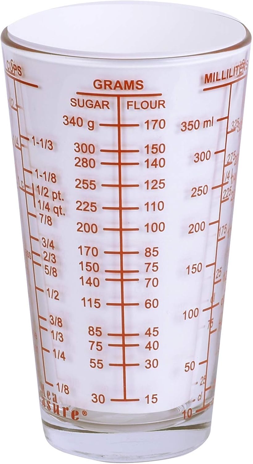 Mix N Measure Glass, Multi-Purpose Liquid and Dry Measuring Cup, 6 Units of Measurement, Heavy Glass, Red