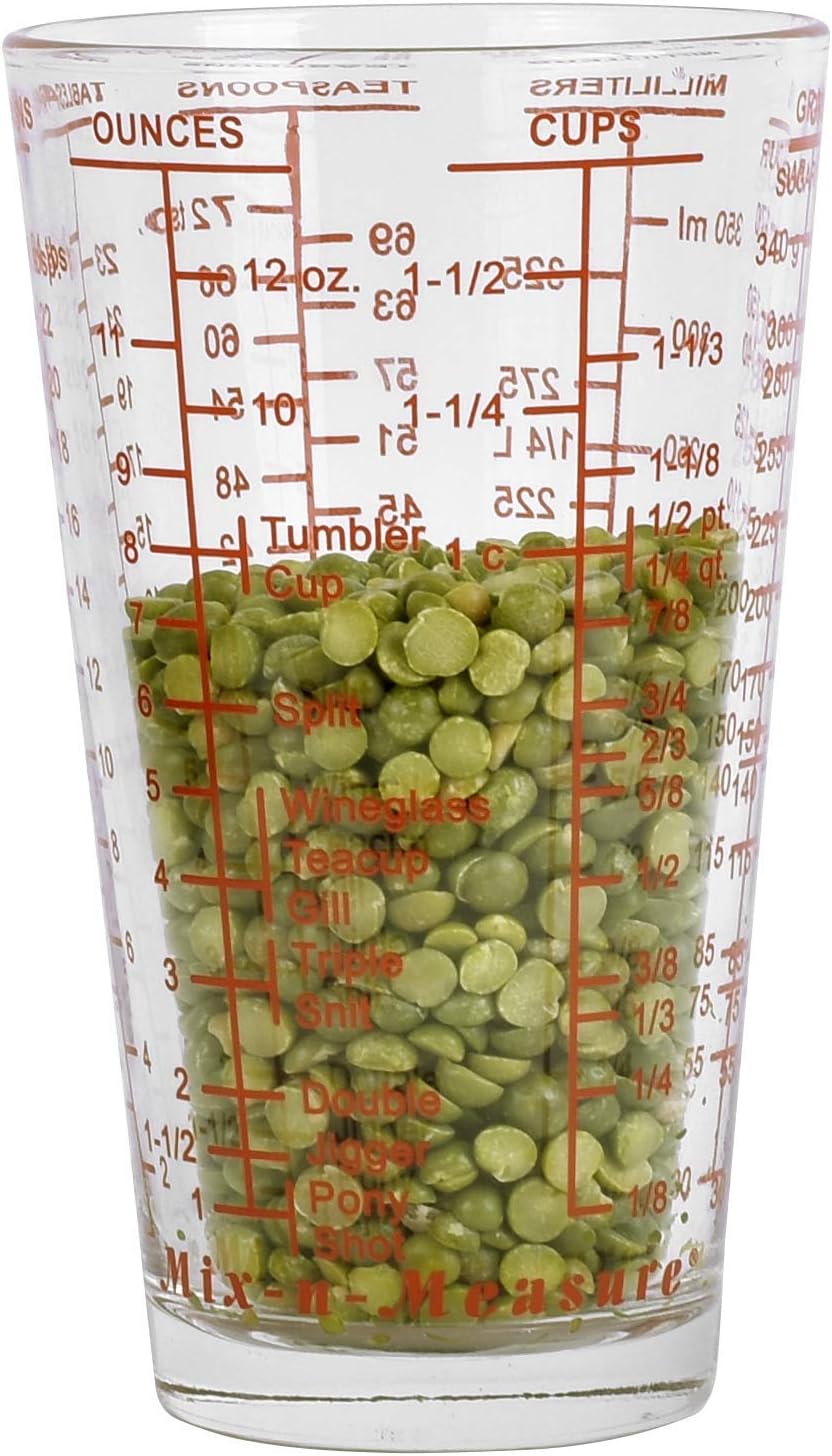 Mix N Measure Glass, Multi-Purpose Liquid and Dry Measuring Cup, 6 Units of Measurement, Heavy Glass, Red
