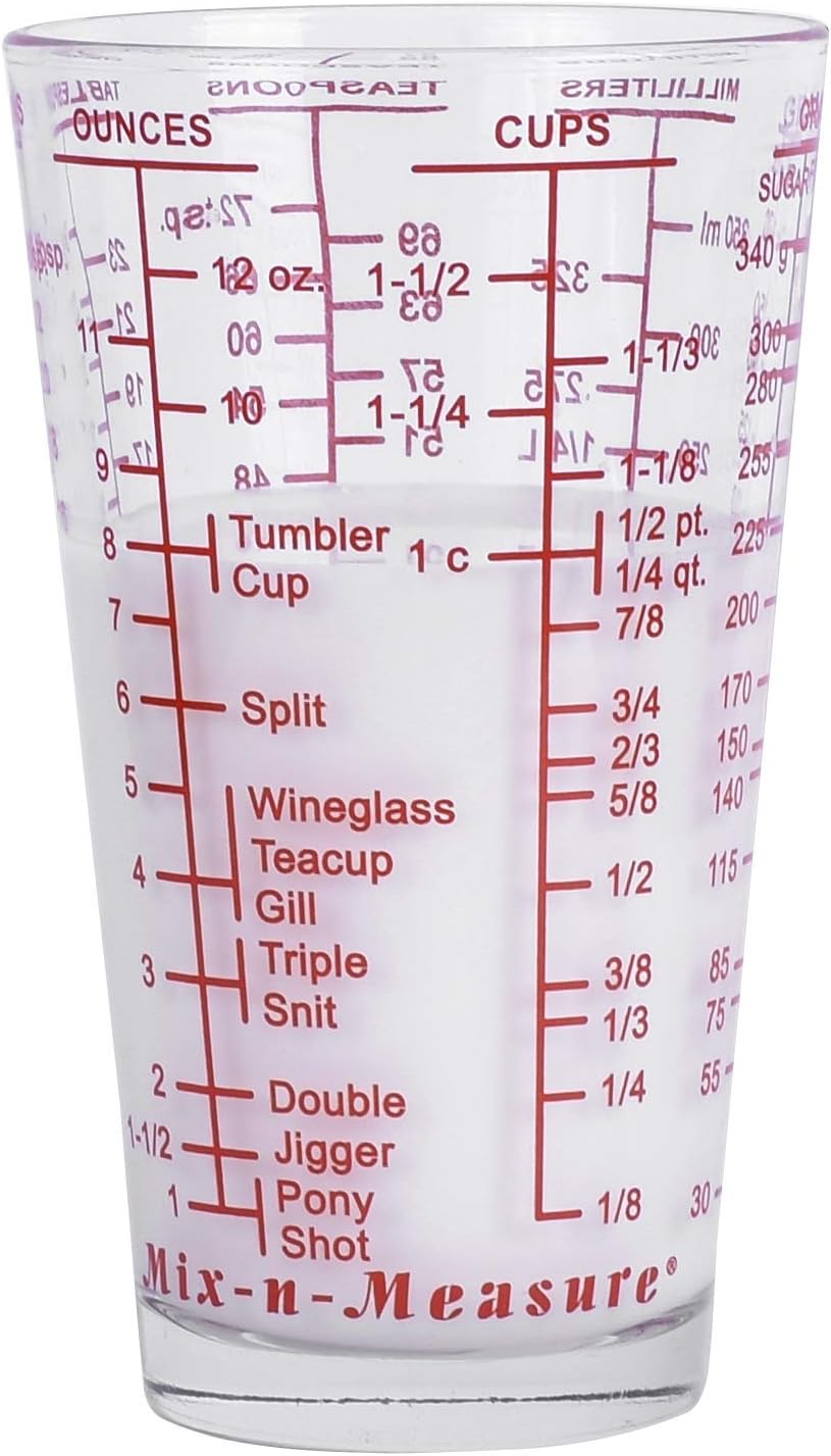 Mix N Measure Glass, Multi-Purpose Liquid and Dry Measuring Cup, 6 Units of Measurement, Heavy Glass, Red
