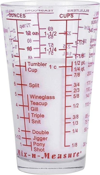 Mix N Measure Glass, Multi-Purpose Liquid and Dry Measuring Cup, 6 Units of Measurement, Heavy Glass, Red