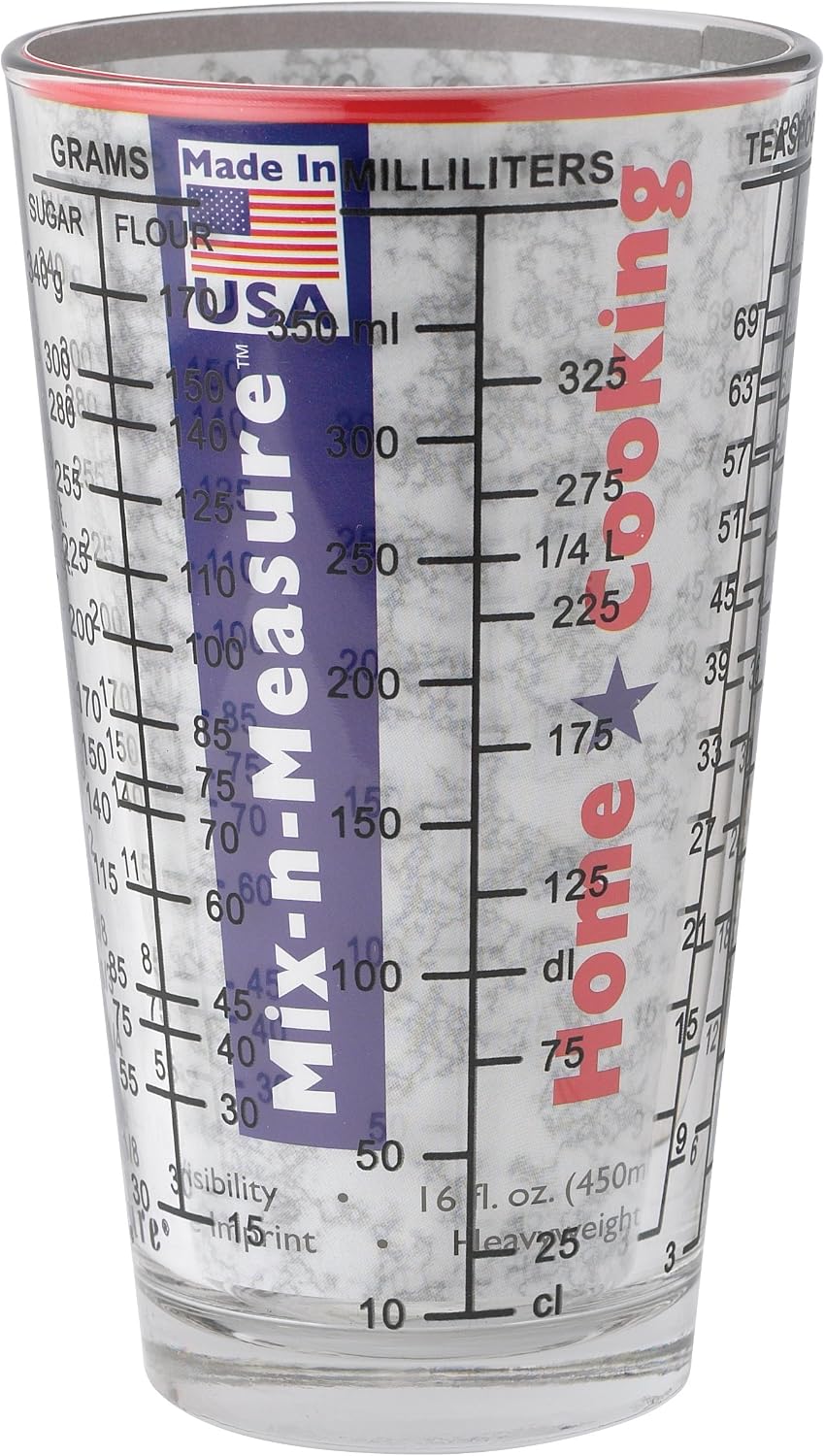 Mix N Measure Glass, Multi-Purpose Liquid and Dry Measuring Cup, 6 Units of Measurement, Heavy Glass, Red