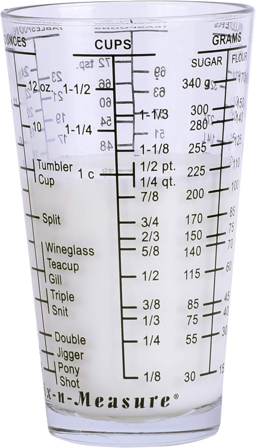 Mix N Measure Glass, Multi-Purpose Liquid and Dry Measuring Cup, 6 Units of Measurement, Heavy Glass, Red
