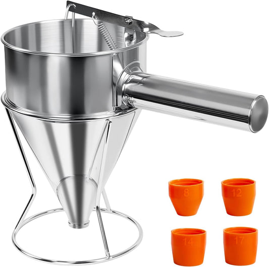 40oz 1200ML Stainless Steel Pancake Batter Dispenser | Pancake Dispenser with Stand and Squeeze Handle, 4 Interchangeable Nozzles for Pancakes, Cupcakes, Waffles and Baked Goods