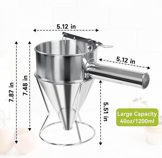 40oz 1200ML Stainless Steel Pancake Batter Dispenser | Pancake Dispenser with Stand and Squeeze Handle, 4 Interchangeable Nozzles for Pancakes, Cupcakes, Waffles and Baked Goods