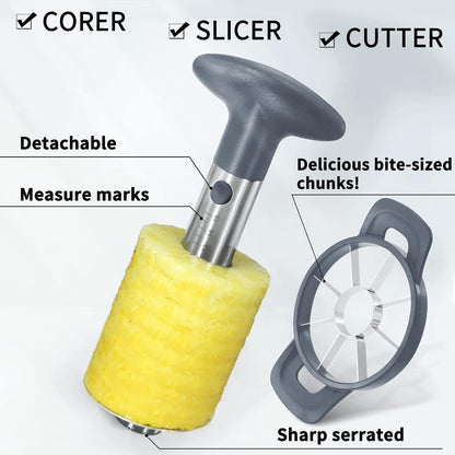 Pineapple Corer and Slicer Tool, Robust Pineapple Core Remover with Upgraded Cutter & Reinforced Thicker Blade, Stainless Steel Kitchen Fruit Gadget for Diced Pineapple Rings (Grey)