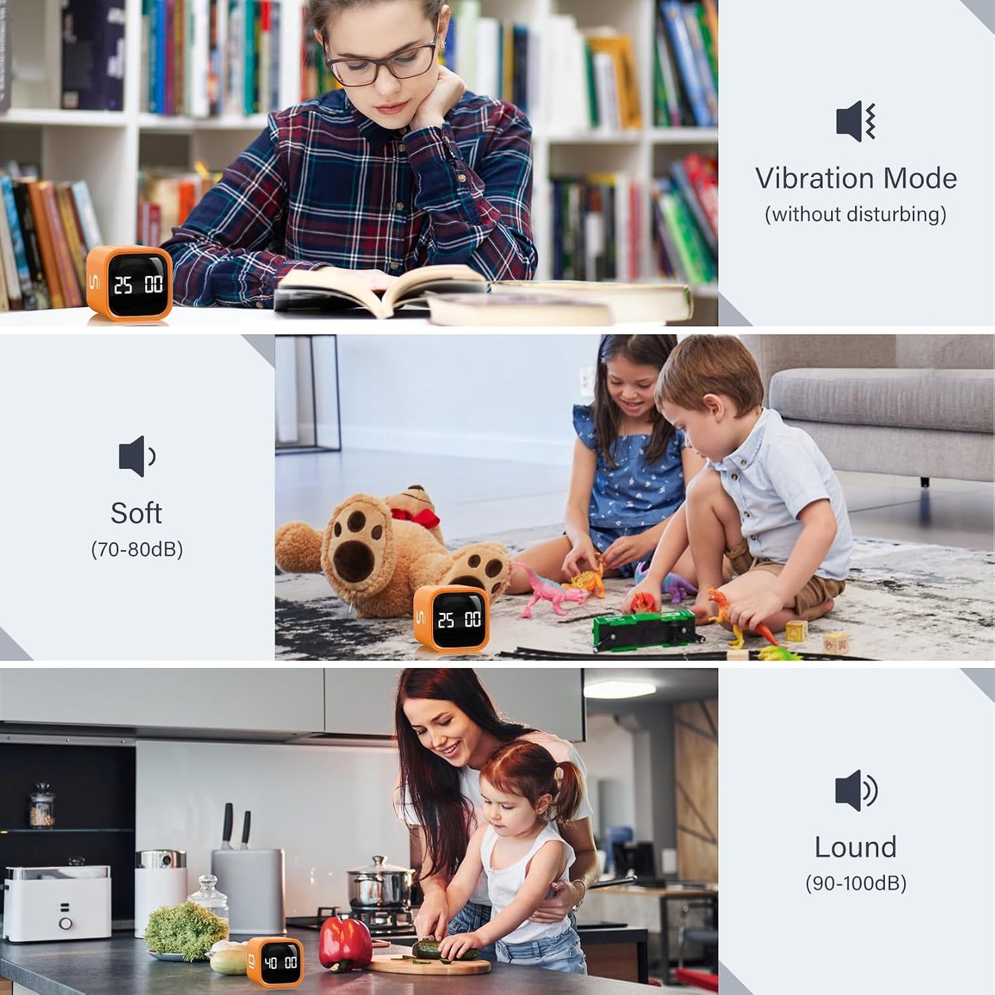 Rotating Pomodoro Timer 5, 25, 10 50 Minutes Preset, Desk Productivity Flip Timer, ADHD Tool Cube Countdown Stopwatch, Vibration/High/Low Volume/Custom Modes, for Work, Study, Back to School, Kitchen