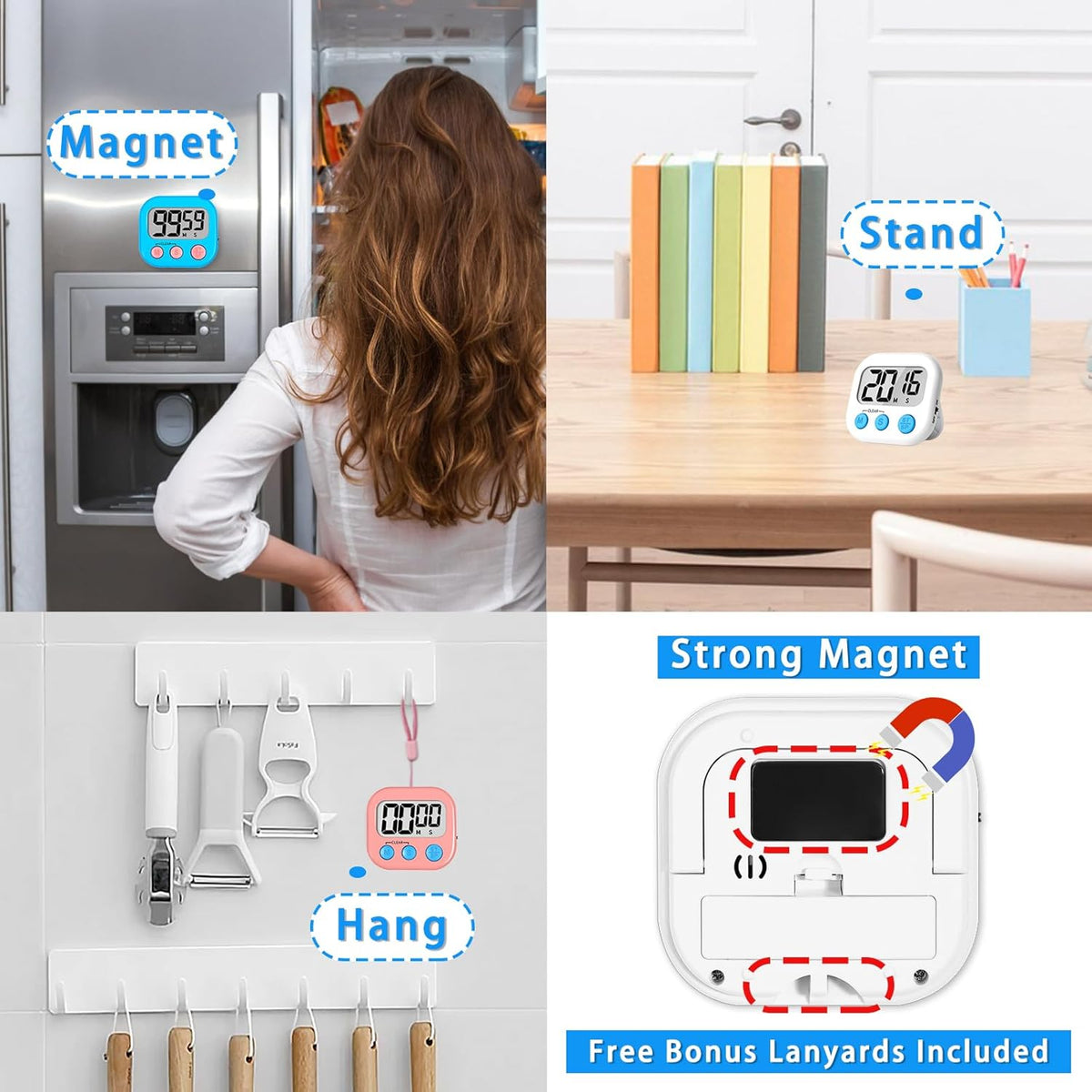 Digital Kitchen Timers, Classroom Timers for Kids Teachers, 6 Color | Back to School Supplies Bulk, Classroom Must Haves, Min/Sec Count Up/Down, Magnetic Back, Loud Alarm, Lanyards Included