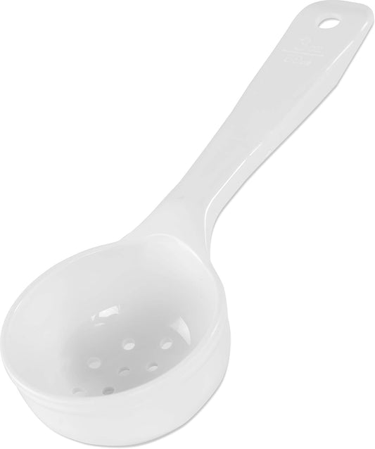 8" 3 oz Perforated Portion Control Spoon – Short Handle spoon – Flat Bottom spoon, Dishwasher Compatible, White