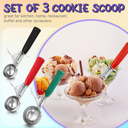 3 Pcs Release Cookie Scoops Ice Cream Scooper with Trigger Release Portion Scoop Stainless Steel for Portion Control, Baking Food, Cookie Dough (4 Oz+2 Oz+1 oz,Gray,Blue,Purple)