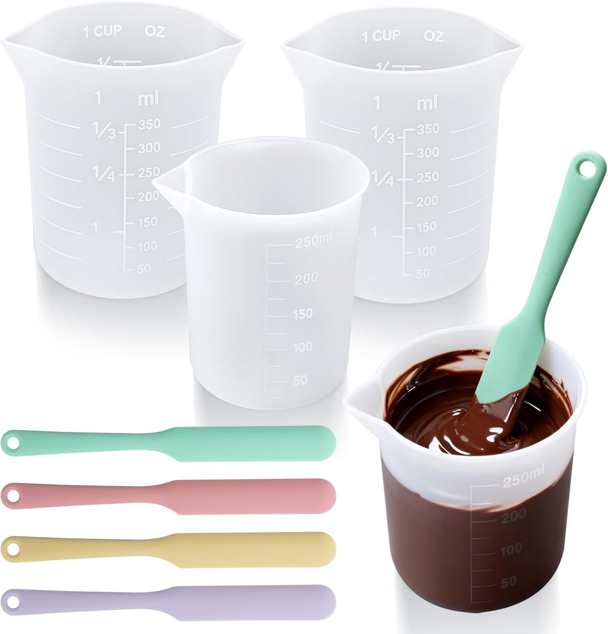 Silicone Chocolate Melting Cup Set with 4 Silicone Measuring Cups (250ml & 350ml) and 4PCS Heat-Resistant Jar Spatulas, Non-Stick Baking Tools for DIY Chocolate, Butter & Cream Mixing