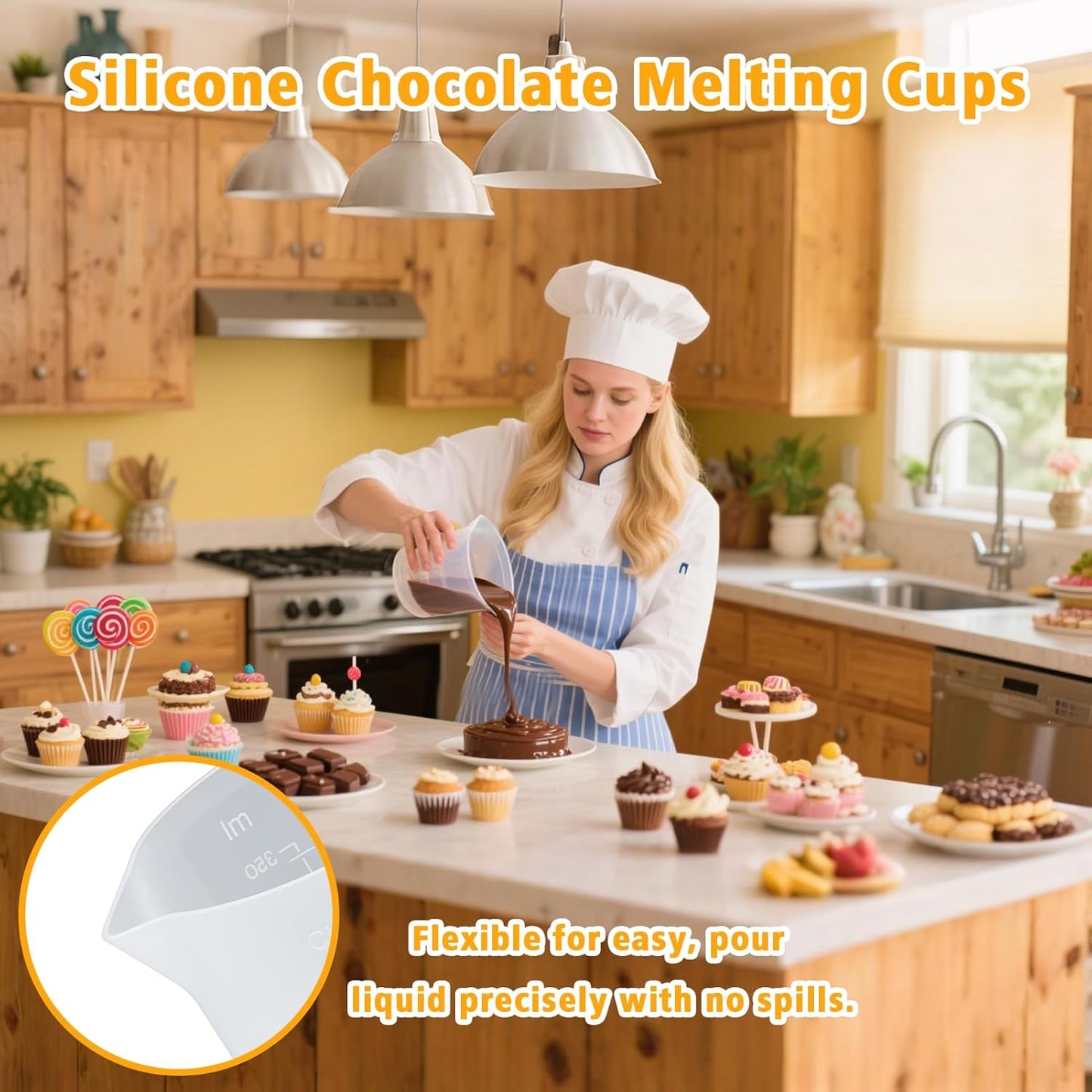 Silicone Chocolate Melting Cup Set with 4 Silicone Measuring Cups (250ml & 350ml) and 4PCS Heat-Resistant Jar Spatulas, Non-Stick Baking Tools for DIY Chocolate, Butter & Cream Mixing