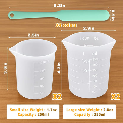 Silicone Chocolate Melting Cup Set with 4 Silicone Measuring Cups (250ml & 350ml) and 4PCS Heat-Resistant Jar Spatulas, Non-Stick Baking Tools for DIY Chocolate, Butter & Cream Mixing
