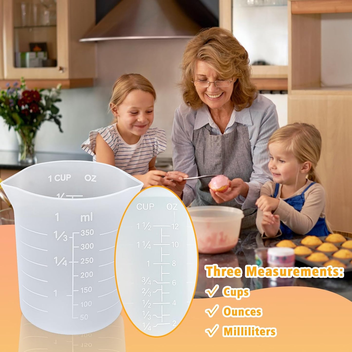 Silicone Chocolate Melting Cup Set with 4 Silicone Measuring Cups (250ml & 350ml) and 4PCS Heat-Resistant Jar Spatulas, Non-Stick Baking Tools for DIY Chocolate, Butter & Cream Mixing