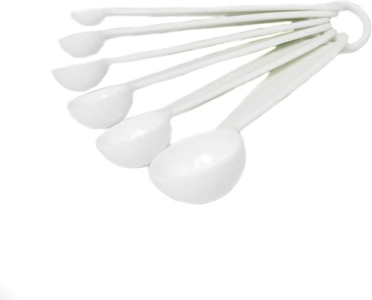 Measuring Spoon Set - 6-Piece White Set - 1/8 tsp to 1 tbsp - Durable Plastic with Raised Measurements - Metric, Standard Markings - Dishwasher Safe - Wet and Dry Ingredients