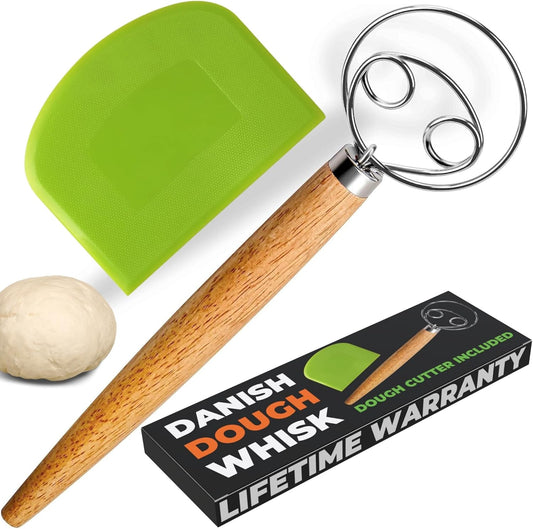 Danish Dough Whisk – Sourdough Mixing Tool with Dough Scraper. Danish Whisk for Baking, Mixing Thick Dough, Bread Making, Pastry, Cookies, Pizza, Batter & More