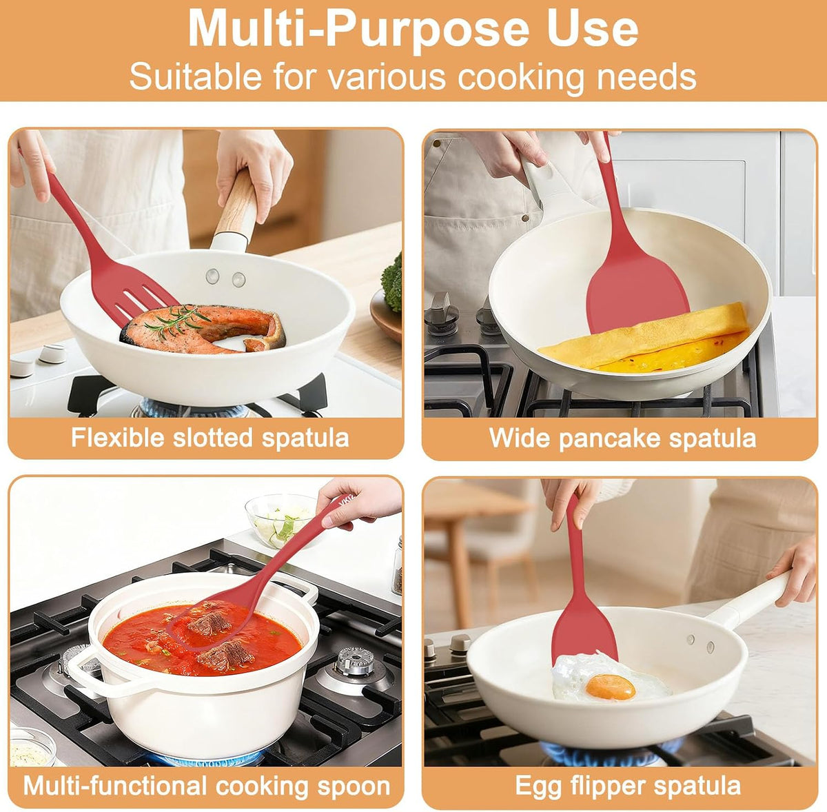 Silicone Spatula Turner Set & Spoon, 4 Pack, 600°F Heat Resistant
