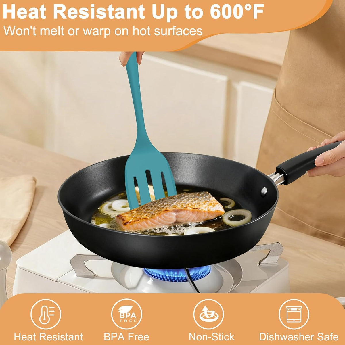 Silicone Spatula Turner Set & Spoon, 4 Pack, 600°F Heat Resistant