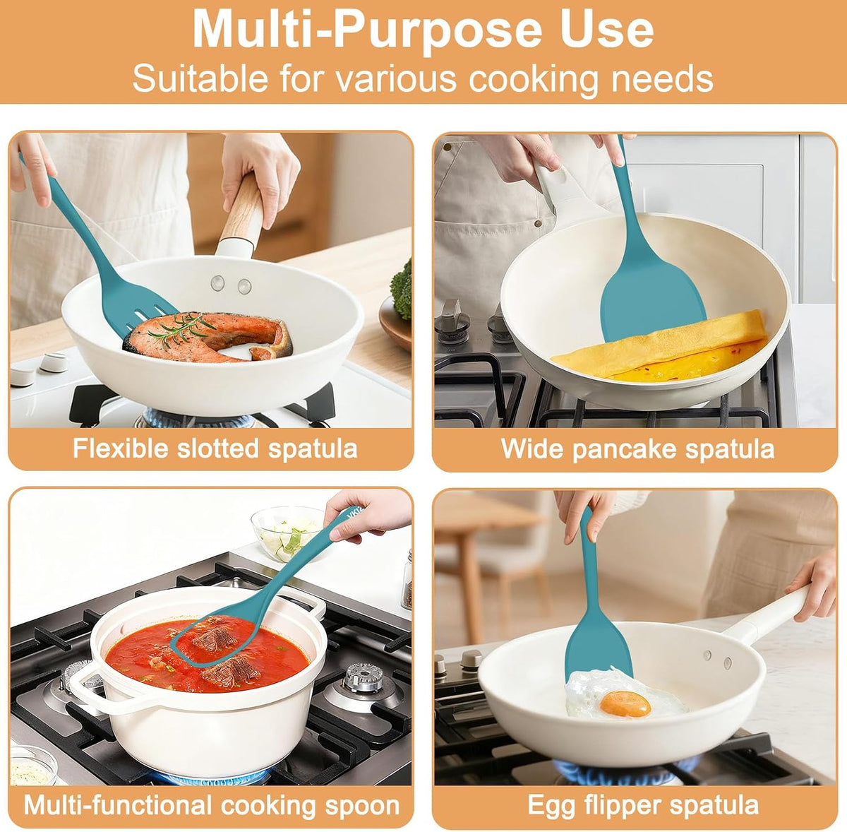 Silicone Spatula Turner Set & Spoon, 4 Pack, 600°F Heat Resistant