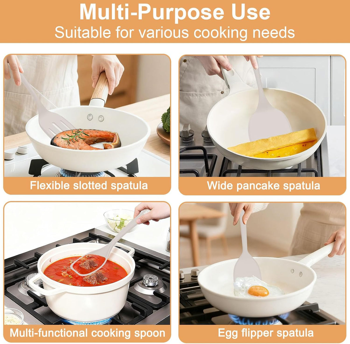 Silicone Spatula Turner Set & Spoon, 4 Pack, 600°F Heat Resistant